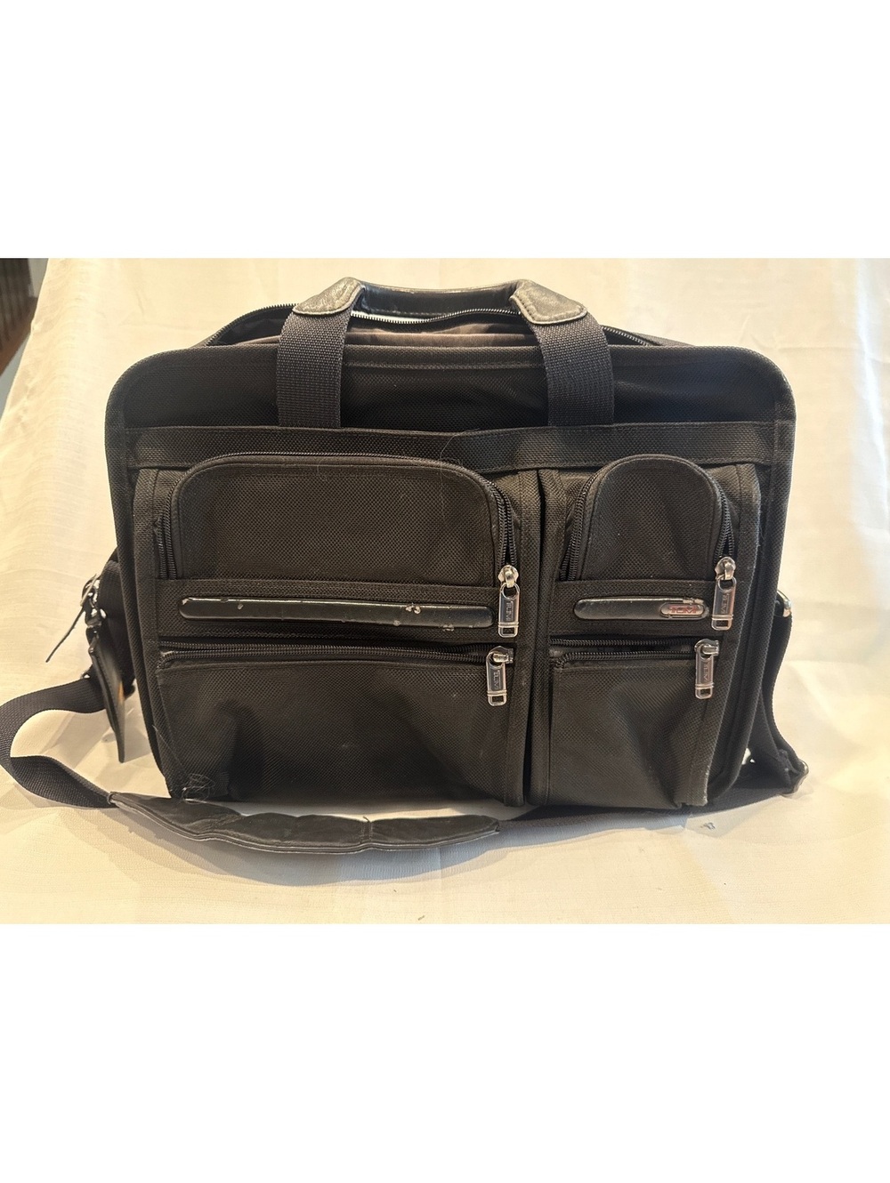 Tumi Black Nylon and Leather Laptop Briefcase with Multiple Pockets